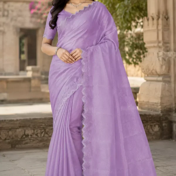 Lavender Silk Saree with Zigzag Cutwork Border & Silver Shimmer