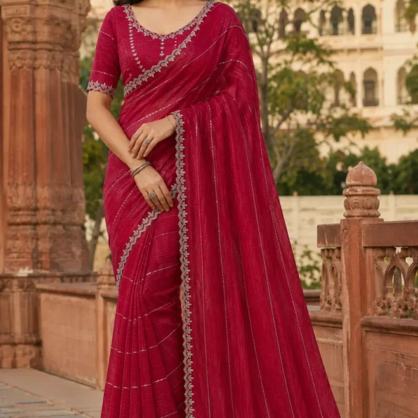 Rani Pink Silk Saree with Silver Zari Stripe Weave & Leaf Motif Border