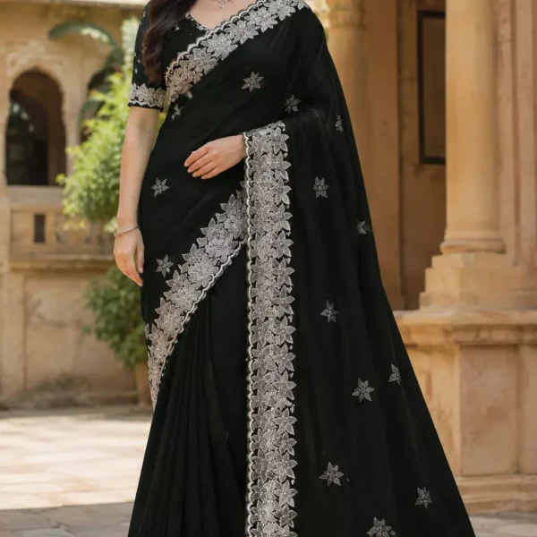 Black Velvet Saree with Silver Zari Floral Border Embroidery