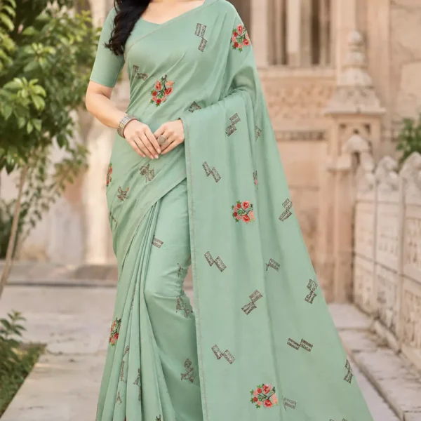 Sage Green Silk Saree with Floral Bunch Embroidery & Butti Motifs