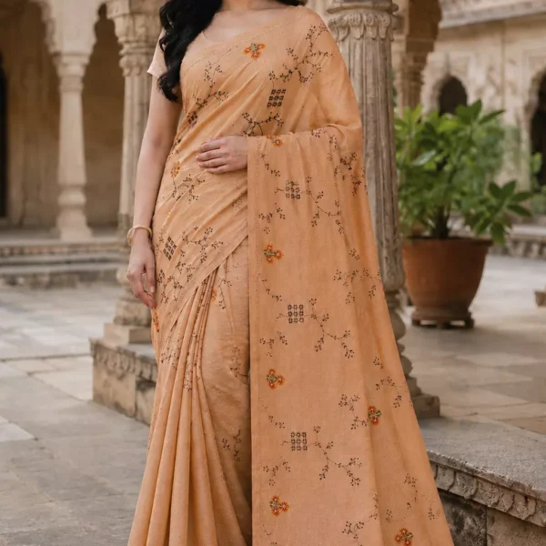 Peach Silk Saree with Vine Embroidery & Floral Sprig Motifs