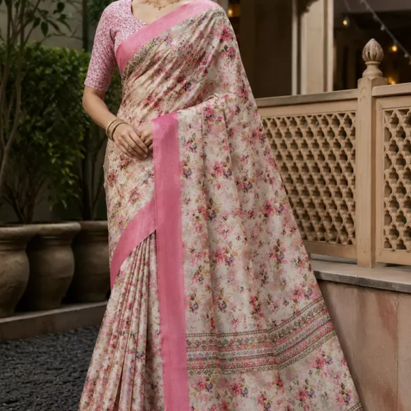 Blush Bloom Floral Linen Saree