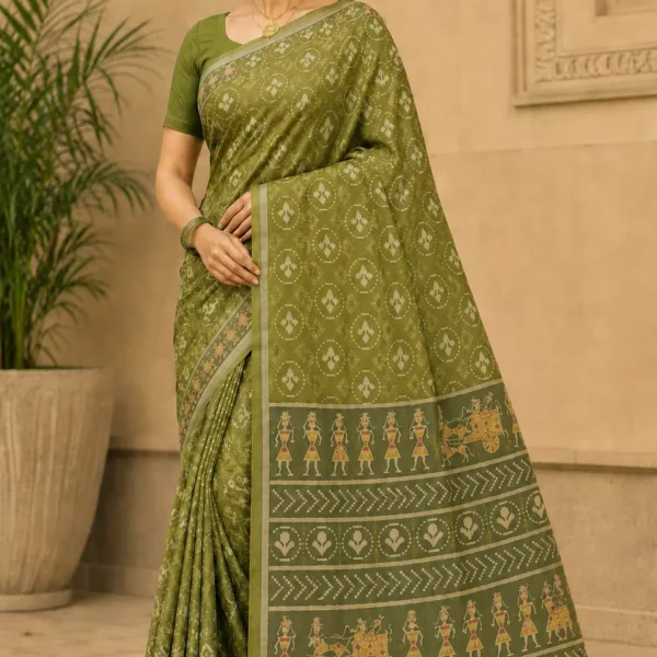Olive Tribal Heritage Print Saree