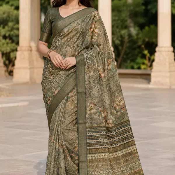 Olive Bloom Heritage Print Saree