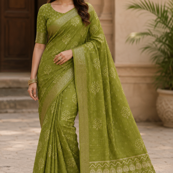 Olive Meadow Handblock Print Saree