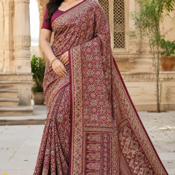 Maroon Bandhani-Print Silk Saree with Golden Zari Border