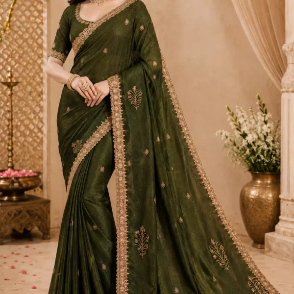 Mehendi Green Silk Saree with Golden Zari Booti & Scalloped Border