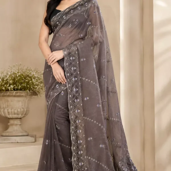 Grey Organza Saree with Sequin & Thread Embroidery Border