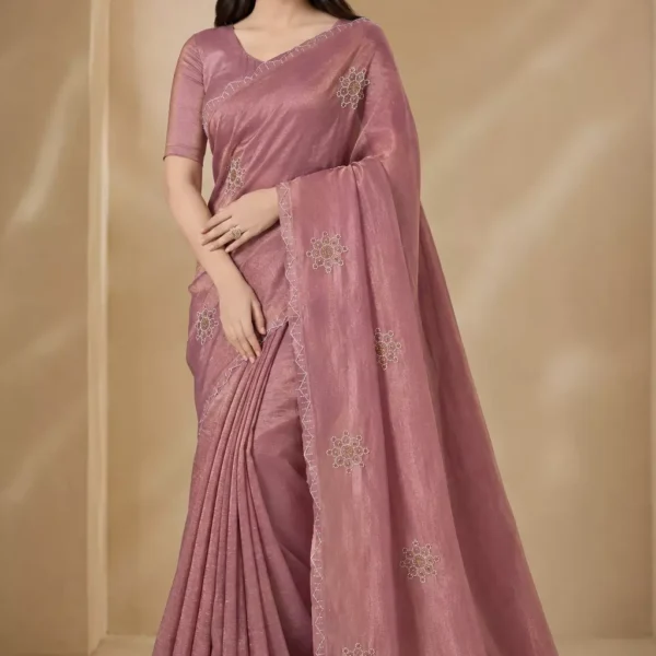 Dusty Pink Tissue Silk Saree with Floral Booti Embroidery & Scalloped Border