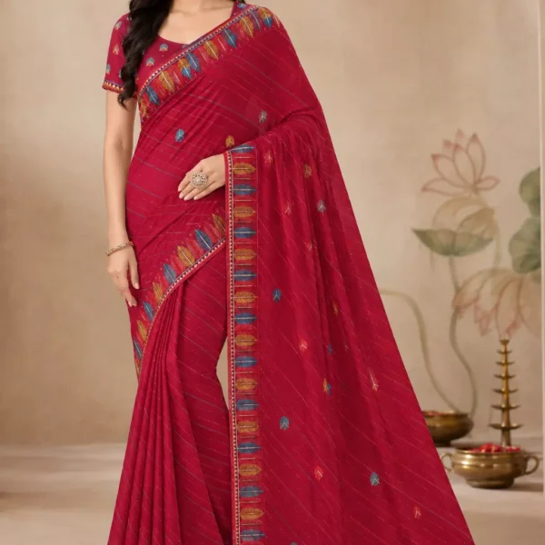 Rani Pink Georgette Saree with Multicolor Feather Embroidery Border