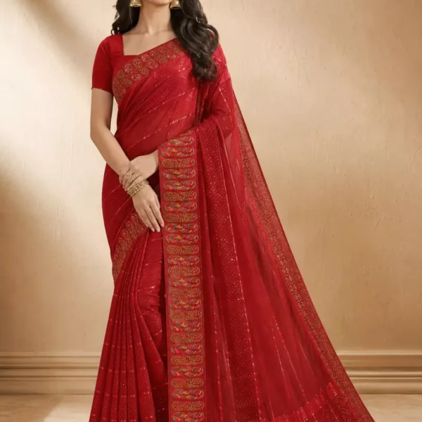 Red Georgette Saree with Multicolor Feather Motif Border & Sequin Work