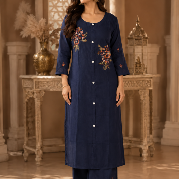 Elegant Navy Blue Floral Embroidered Kurta Pant Set with Matching Dupatta | Premium Women's Ethnic Wear