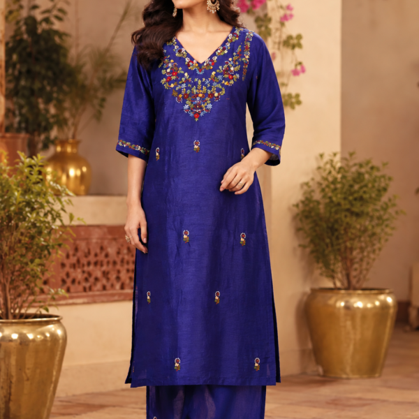Elegant Royal Blue Floral Embroidered Kurta Pant Set with Matching Dupatta | Premium Women's Ethnic Wear