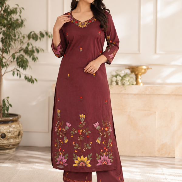Elegant Wine Floral Embroidered Kurta Pant Set with Matching Dupatta | Premium Women's Ethnic Wear