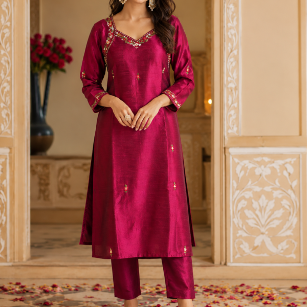 Elegant Wine Purple Embroidered Kurta Pant Set with Organza Dupatta | Premium Women's Ethnic Wear