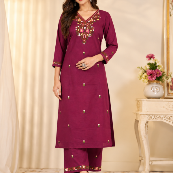 Elegant Wine Purple Floral Embroidered Kurta Palazzo Set with Organza Dupatta | Premium Women's Festive Ethnic Wear