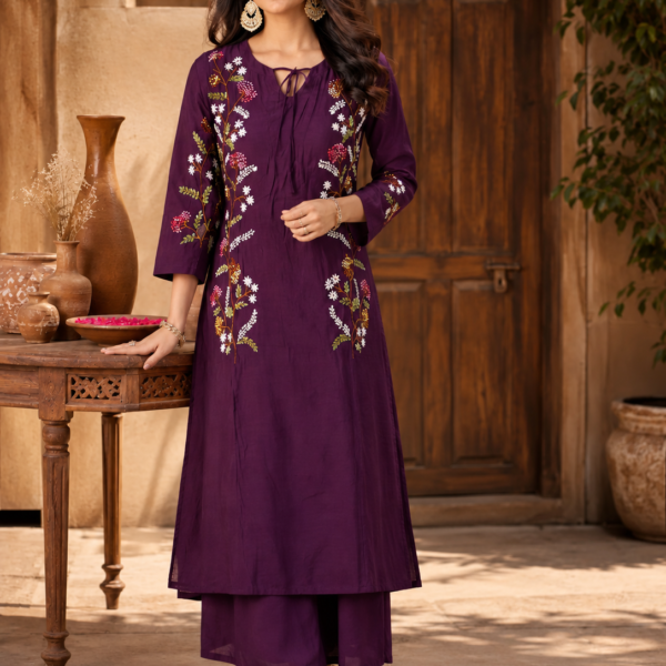 Elegant Royal Plum Floral Embroidered Kurta Palazzo Set with Matching Dupatta | Premium Women's Ethnic Wear