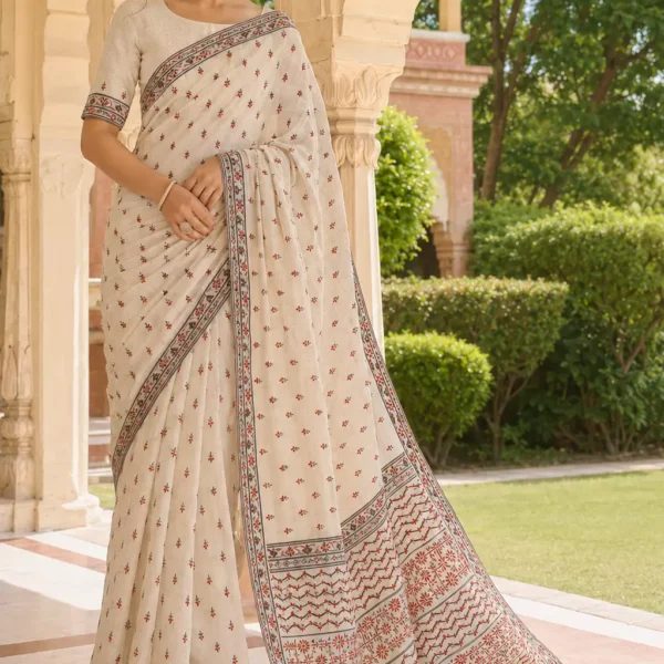 Ivory Hand Block Print Saree with Rust & Grey Traditional Border