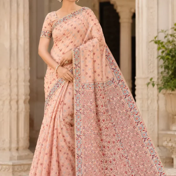 Ivory Floral Hand Block Print Saree with Black Heritage Border