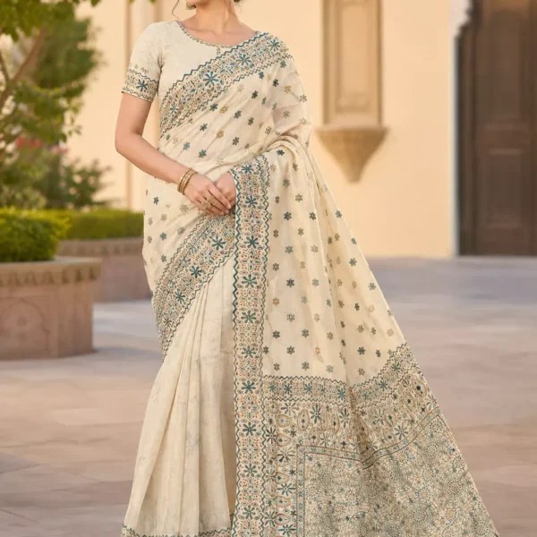 Ivory Floral Printed Saree with Teal Heritage Border