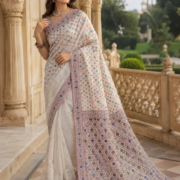 Ivory Multicolor Floral Printed Saree with Heritage Designer Pallu