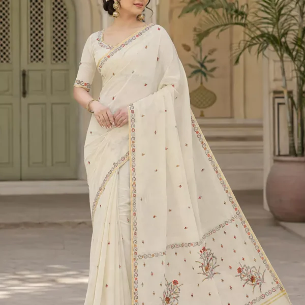 Ivory Floral Embroidered Saree with Delicate Multicolor Border