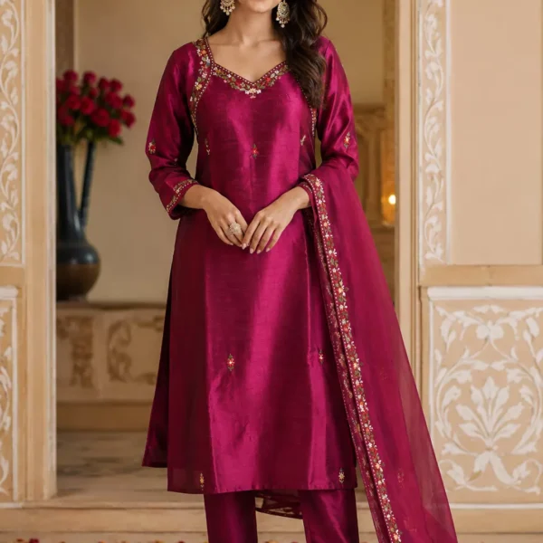 Elegant Wine Purple Embroidered Kurta Pant Set with Organza Dupatta | Premium Women's Ethnic Wear
