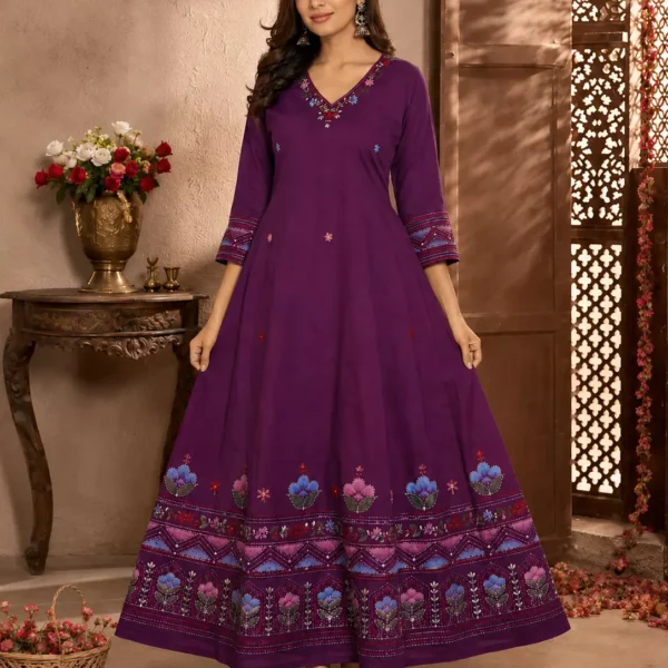 Elegant Royal Purple Floral Printed Anarkali Kurta | Premium Women's Ethnic & Festive Wear