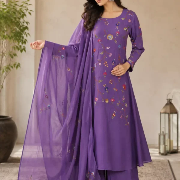 Elegant Royal Purple Floral Embroidered Kurta Pant Set with Organza Dupatta | Premium Women's Ethnic Wear