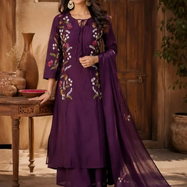 Elegant Royal Plum Floral Embroidered Kurta Palazzo Set with Matching Dupatta | Premium Women's Ethnic Wear