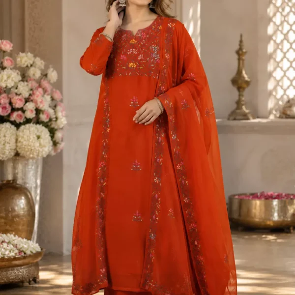 Elegant Rust Orange Floral Embroidered Kurta Palazzo Set with Organza Dupatta | Premium Women's Festive Ethnic Wear