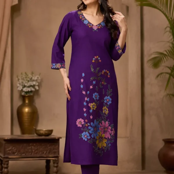 Elegant Royal Purple Floral Printed Straight Kurta Pant Set | Premium Women's Casual & Festive Ethnic Wear