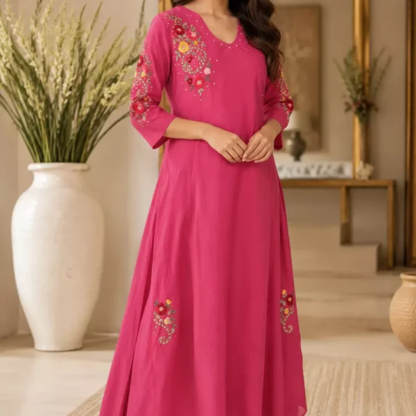 Elegant Rani Pink Floral Embroidered Anarkali Kurta | Premium Women's Festive & Party Wear Ethnic Dress