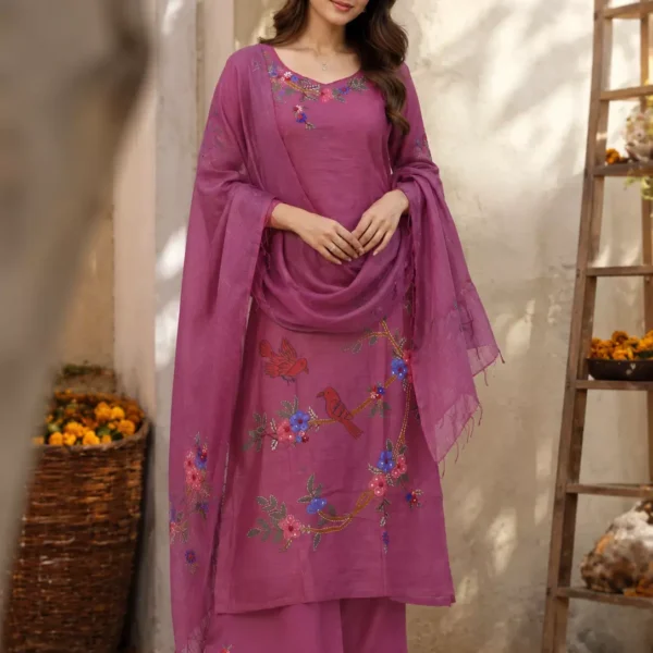 Elegant Dusty Rose Floral & Bird Embroidered Kurta Palazzo Set with Matching Dupatta | Premium Women's Festive Ethnic Wear