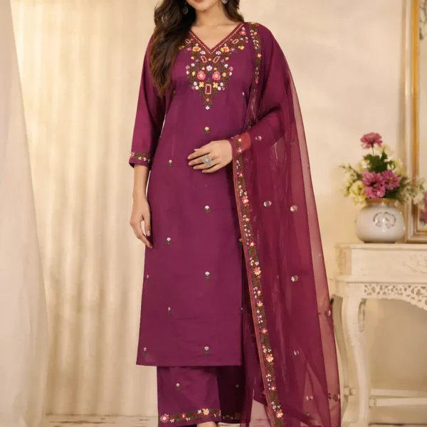 Elegant Wine Purple Floral Embroidered Kurta Palazzo Set with Organza Dupatta | Premium Women's Festive Ethnic Wear