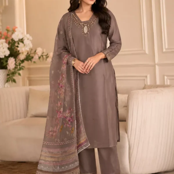 Taupe Brown Embroidered Kurta Pant Set with Floral Printed Dupatta for Women