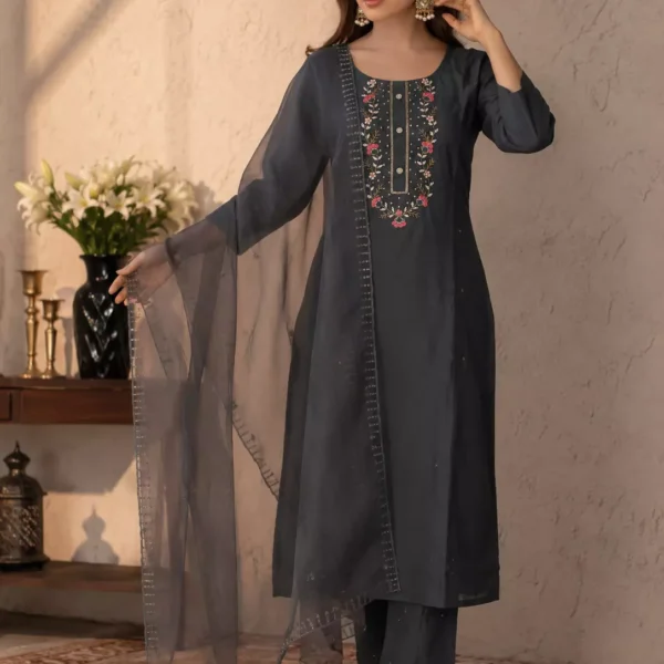 Charcoal Grey Embroidered Kurta Pant Set with Sheer Dupatta for Women