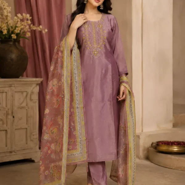 Dusty Mauve Embroidered Kurta Pant Set with Floral Printed Dupatta for Women
