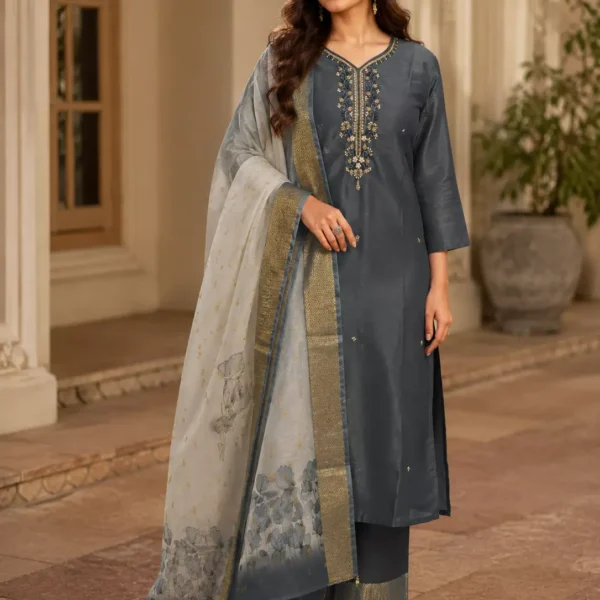 Steel Blue Embroidered Kurta Pant Set with Printed Dupatta for Women