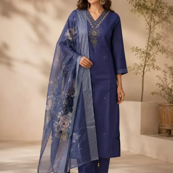Royal Blue Embroidered Kurta Pant Set with Floral Printed Organza Dupatta for Women