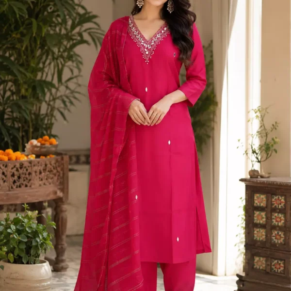 Rani Pink Embroidered Kurta Pant Set with Matching Dupatta for Women