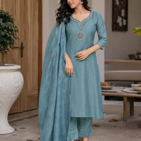 Dusty Teal Embroidered Kurta Pant Set with Matching Dupatta for Women