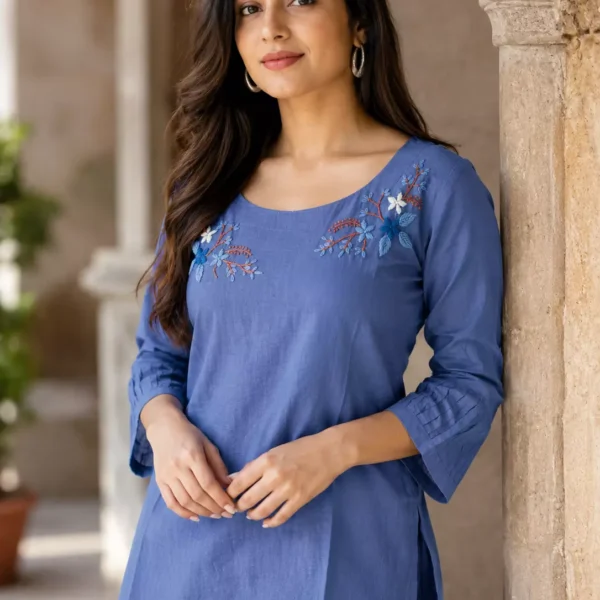 Dusty Blue Floral Embroidered Co-ord Set for Women