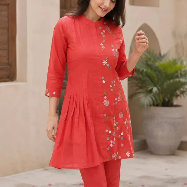 Elegant Coral Red Floral Embroidered Co-ord Set | Premium Women's Casual & Office Wear