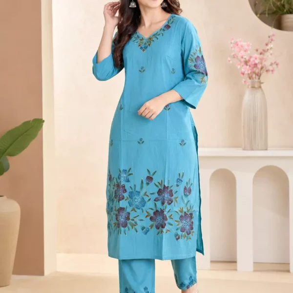 Elegant Sky Blue Floral Embroidered Co-ord Set | Premium Women's Casual & Office Wear