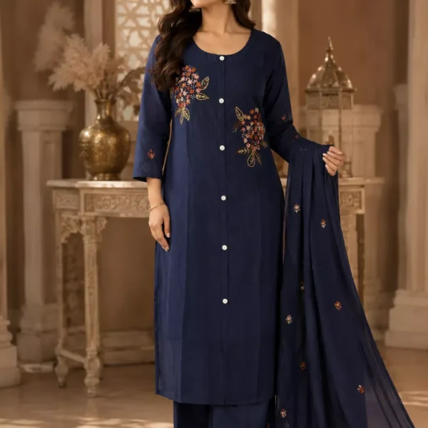 Elegant Navy Blue Floral Embroidered Kurta Pant Set with Matching Dupatta | Premium Women's Ethnic Wear