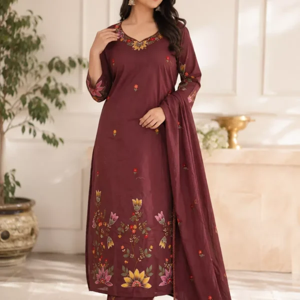 Elegant Wine Floral Embroidered Kurta Pant Set with Matching Dupatta | Premium Women's Ethnic Wear
