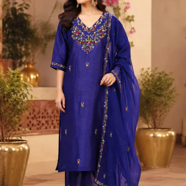 Elegant Royal Blue Floral Embroidered Kurta Pant Set with Matching Dupatta | Premium Women's Ethnic Wear